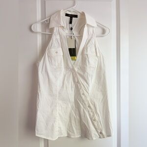 BCBGMaxAzria White Cotton Sleeveless Racerback Top with Asymmetrical Buttons